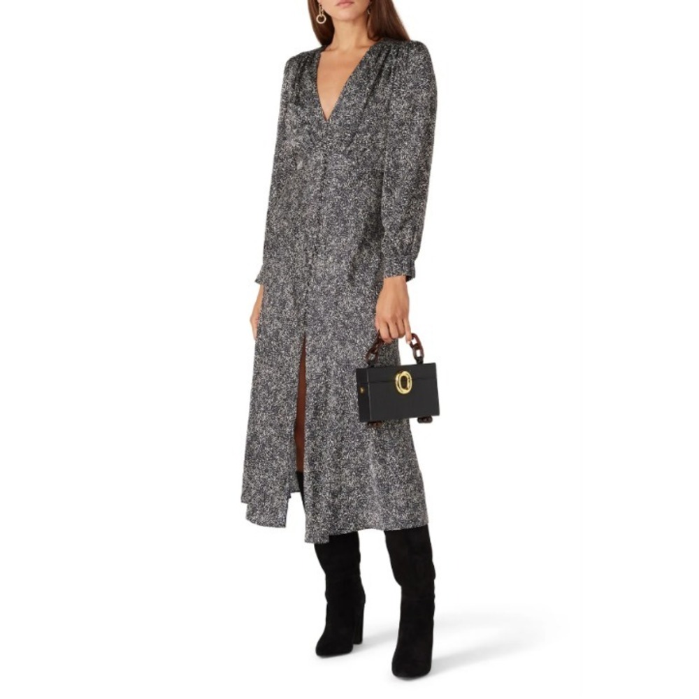 Pinko Lindo Abito Satin Printed Midi Dress V Neck Long Sleeve Black White IT 42